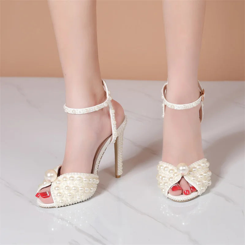 2025 Autumn New Fish Mouth High Heels Slim Heels Shallow Mouth Water Diamond Pearl Women's Single Shoes Wedding Wedding Shoes heels_bridal