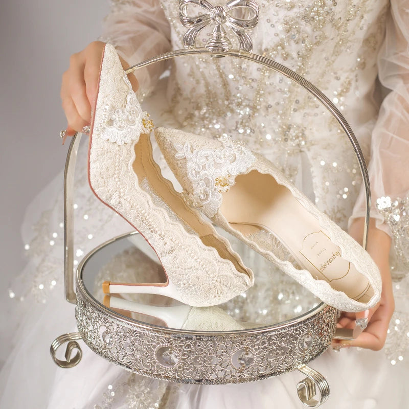 2025 Summer Cutout Women's Mesh Embroidered Pointed Toe Stiletto Heels Lace Shoes heels_stiletto