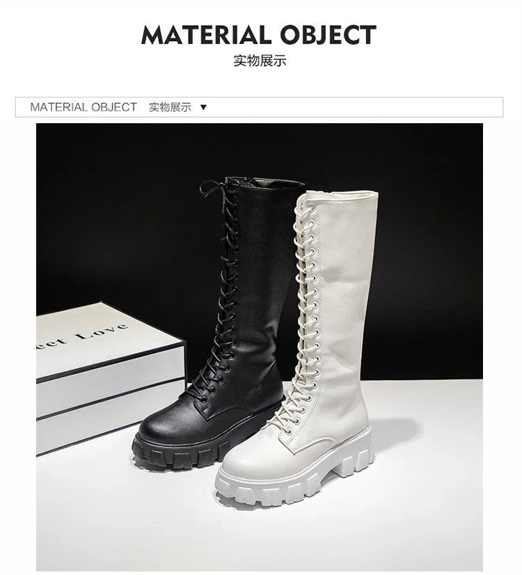 Women's Mid Calf Boots Padded Shoes Knee High Winter Sneakers Punk Style Military Casual White Black 2024 Lucury Platform Woman boots_platform