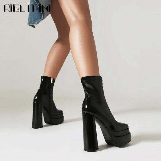 High Heeled Women Boots Square Toe Zipper Ankle Platform Shoes Cool Fashion Punk Gothic New Brand Winter Elastic Boots Woman boots_platform