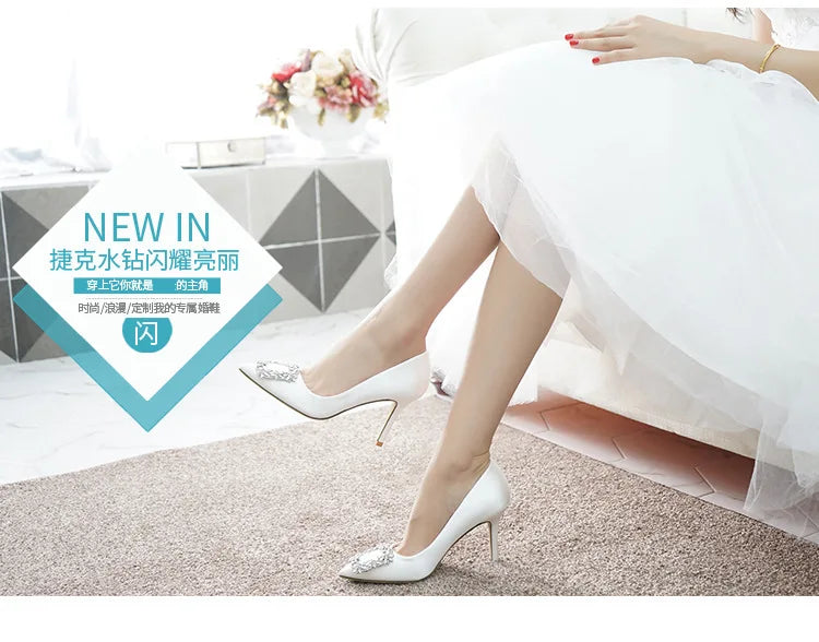 Women Rhinestone Square Buckle Dress Wedding Brides Shoes Pointed Toe Stiletto Pumps Suede High Heels Botines Mujer Con Tacon heels_stiletto