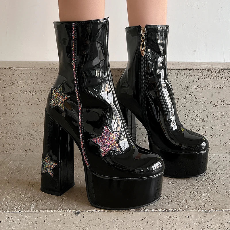 Plus Size Shiny Patent Leather Inlaid With Five-Star Sequin Cloth Super High Platform Women's Short Boots Side Zipper Sweet Boot boots_platform