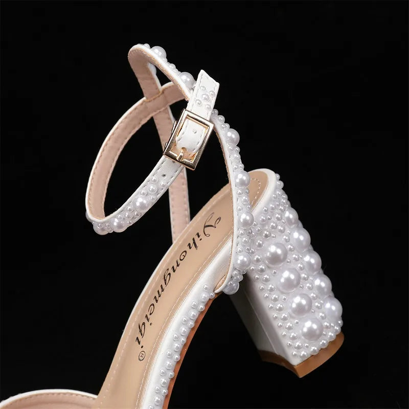 2025 New High Heels Thick Heel Shallow Mouth Women's Pearl Sandals Wedding Shoes Bridesmaid Shoes heels_bridal