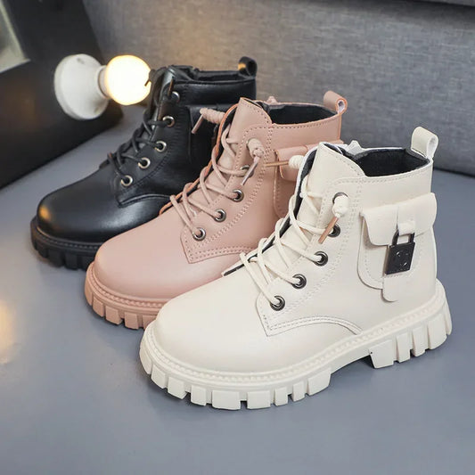 Children Leather Boots Girls Fashion Autumn Winter New Casual Comfortable Short Boots Warm Kids Versatile Anti-slip Cotton Boots