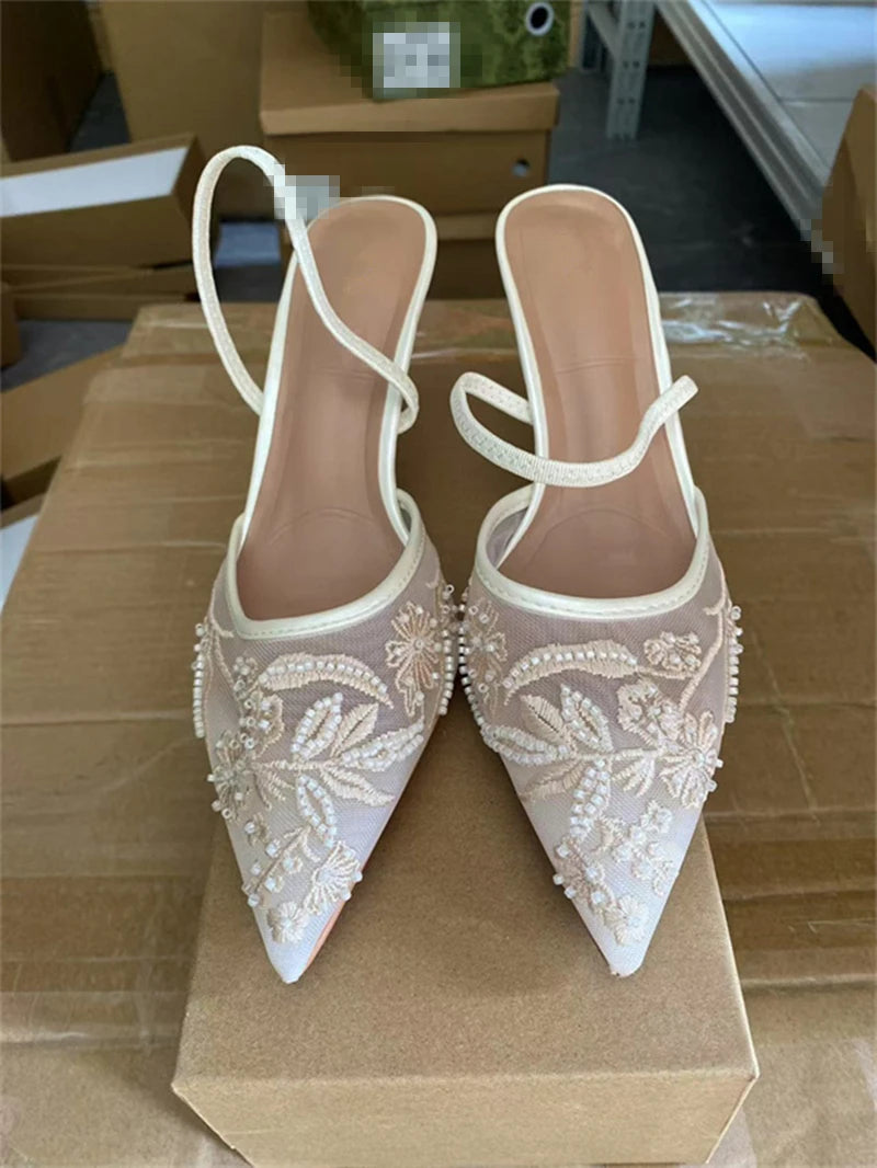 Women's Mesh Floral Embroidered Slingback High Heels Female Open Heel Pearl Studded Pointed Toe Sandals Sexy Stiletto Lady Mules heels_stiletto