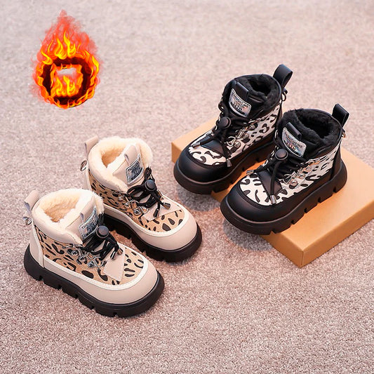 Leopard Fashion Snow Boots For Children Thick Warm Teenager Kid's Plush Boots Trend Fashion Boy's Girl's Warm Ankle Boots