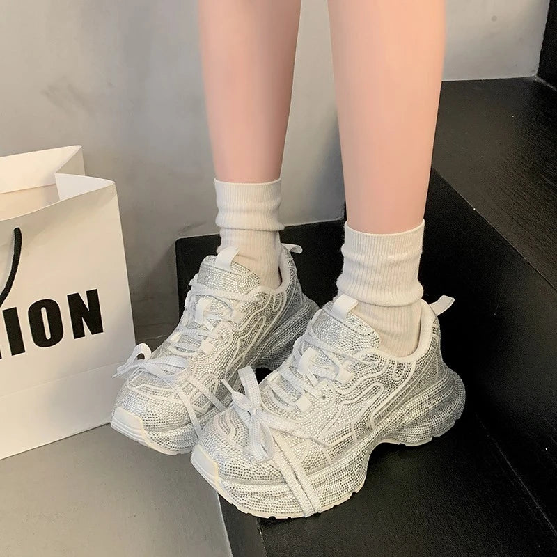 2025 Spring and Autumn New Women's Rhinestones Full of Diamonds Straps Thick-soled Angola Red Niche Sports and Leisure Dad Shoes sneakers_platform