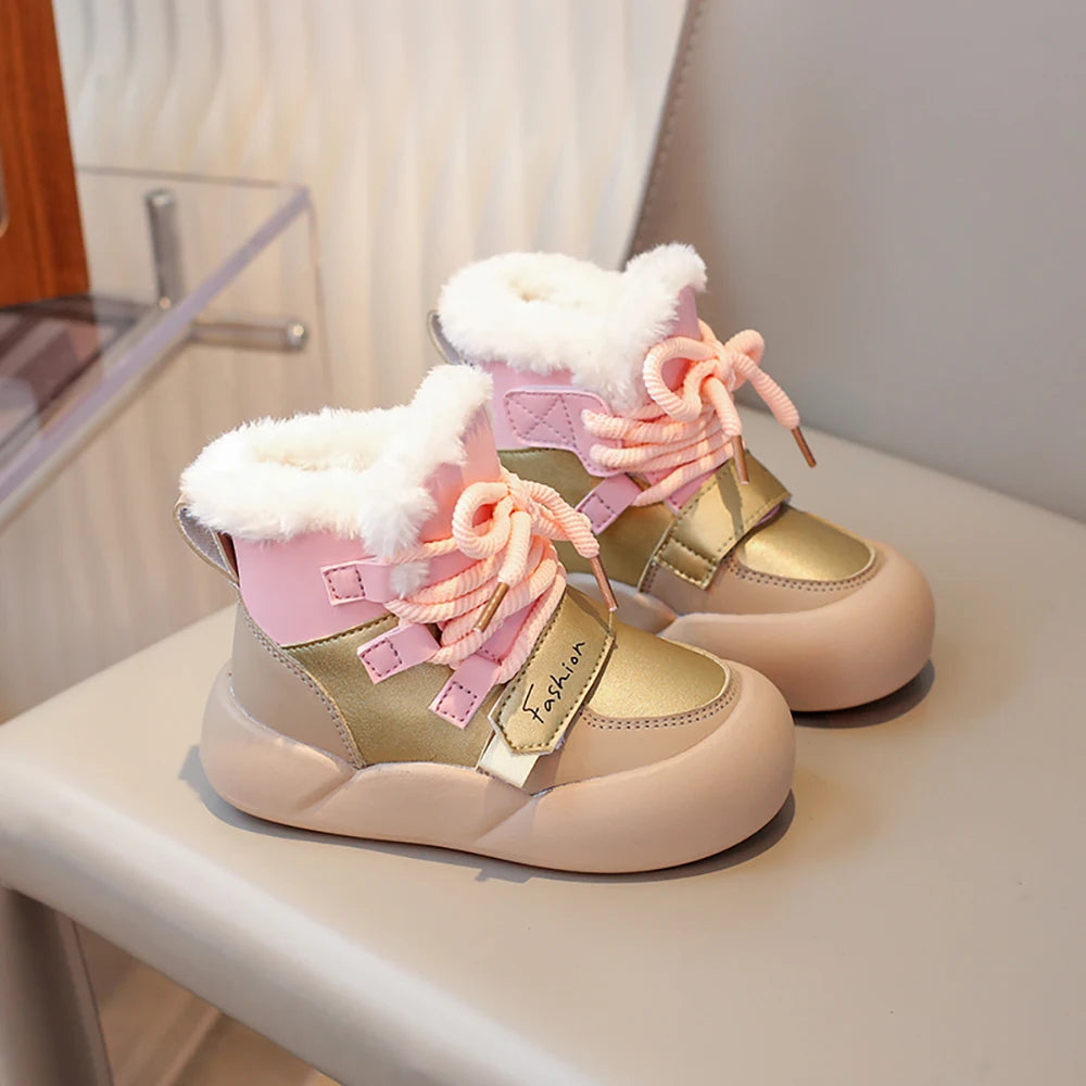 Winter Plush Snow Boots For Children PU Leather Waterproof Cotton Shoes Trend Fashion Teenager Kid's Velvet Boots Winter Shoes