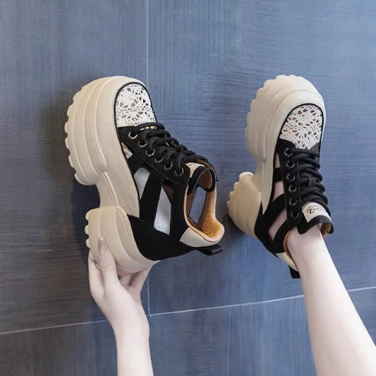 Trendy Thick Sole Women's Shoes 2024 Summer New Thick Mesh Hollow Inner Elevated Vulcanized Women's Sandals Platform Sneakers sneakers_platform