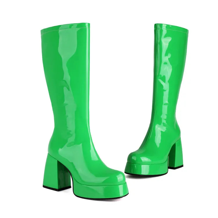 NASBAVI Glossy Patent Leather Upper Square Toe Super Thick Heel Plush Lining Women's Knee Boots Platform Side Zipper Boots 35-48 boots_platform