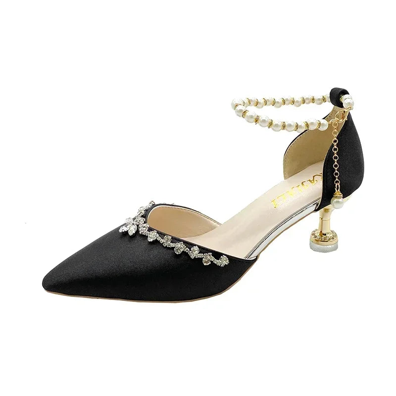 Pointed Toe Baotou Sandals Women's 2025 New Stiletto Hollow Single Shoes Versatile Pearl Strap Women's Shoes heels_bridal
