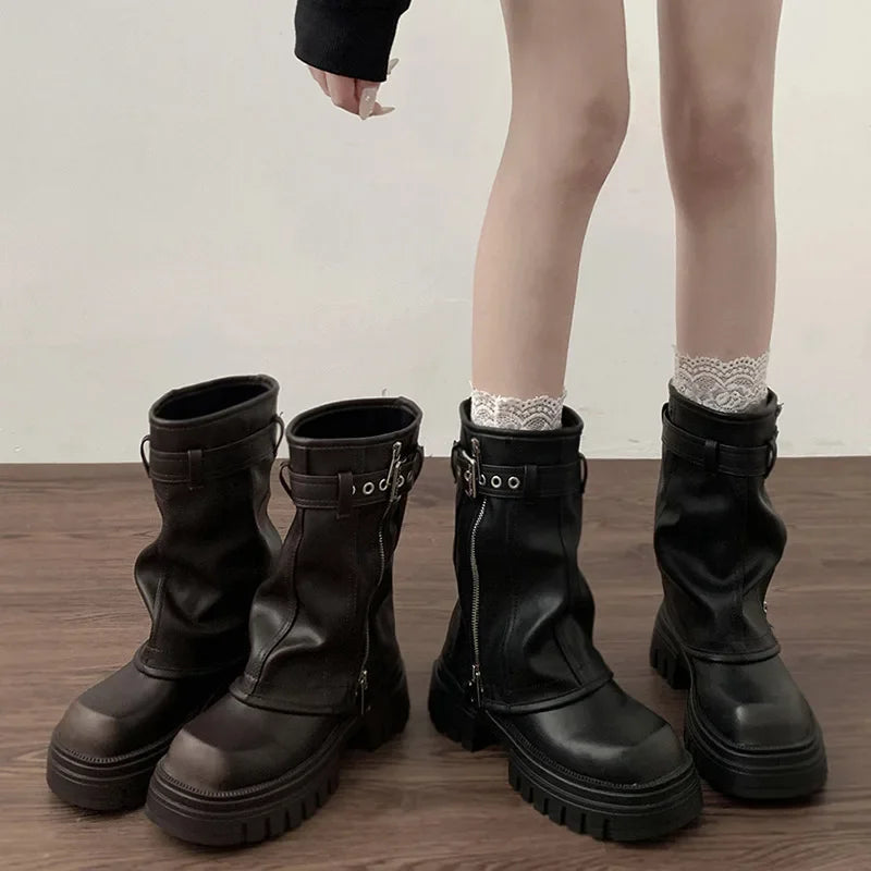 Winter Women Biker Boots Fashion Belt Buckle Ladies Elegant Platform Flats Short Booties Casual Women's Knight Booties boots_platform