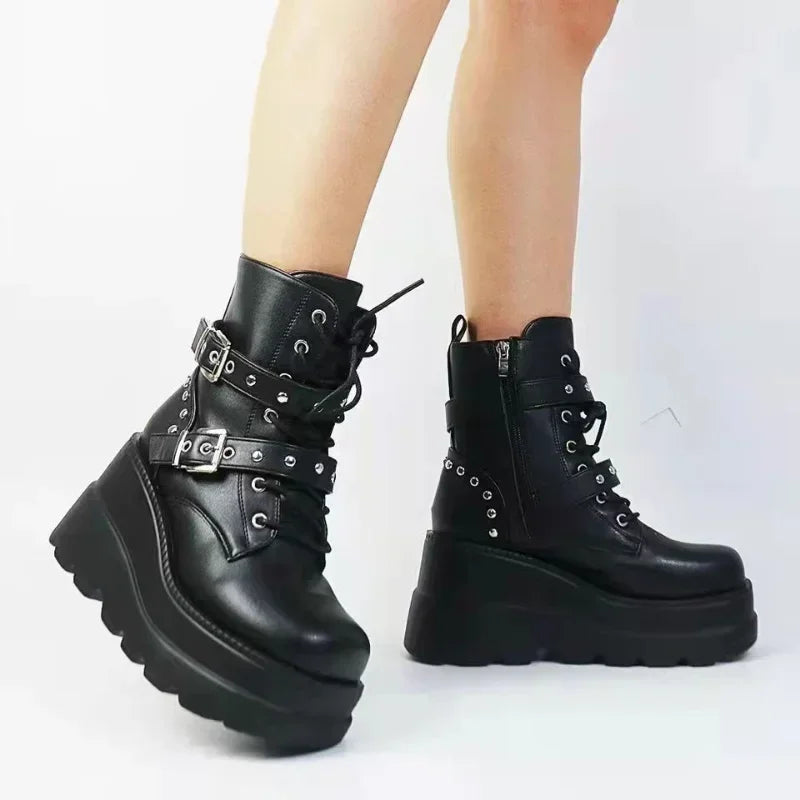New Women's Pu Leather Ankle Boots Women Autumn Winter Round Toe Lace Up Shoes Woman Motorcycle Platform Botas Gothic Shoes boots_platform
