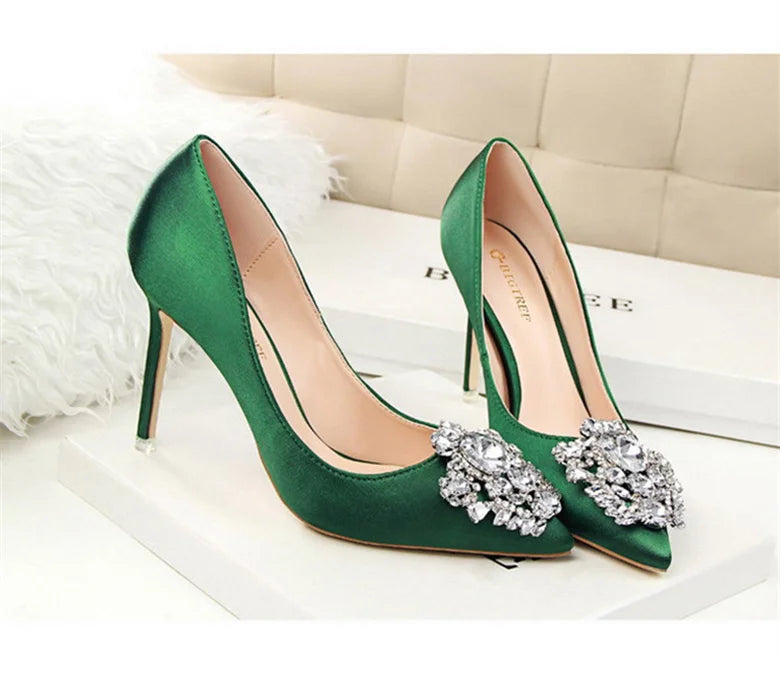 CINESSD Silver Gray Black Women Bridal Wedding Shoes Faux Silk Satin Rhinestone Crystal Shallow Woman Pumps Stiletto High Heel heels_stiletto