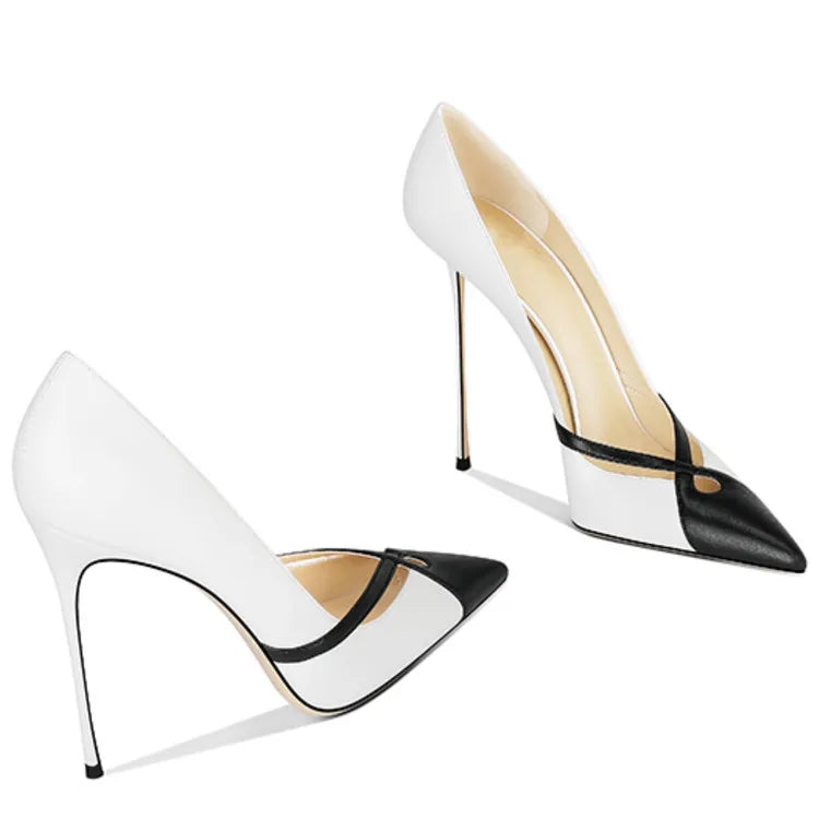 White Matte Leather High Heels Patchwork Pointed Toe Shallow Stilettos Pumps Slip-on Banquet Shoes heels_stiletto