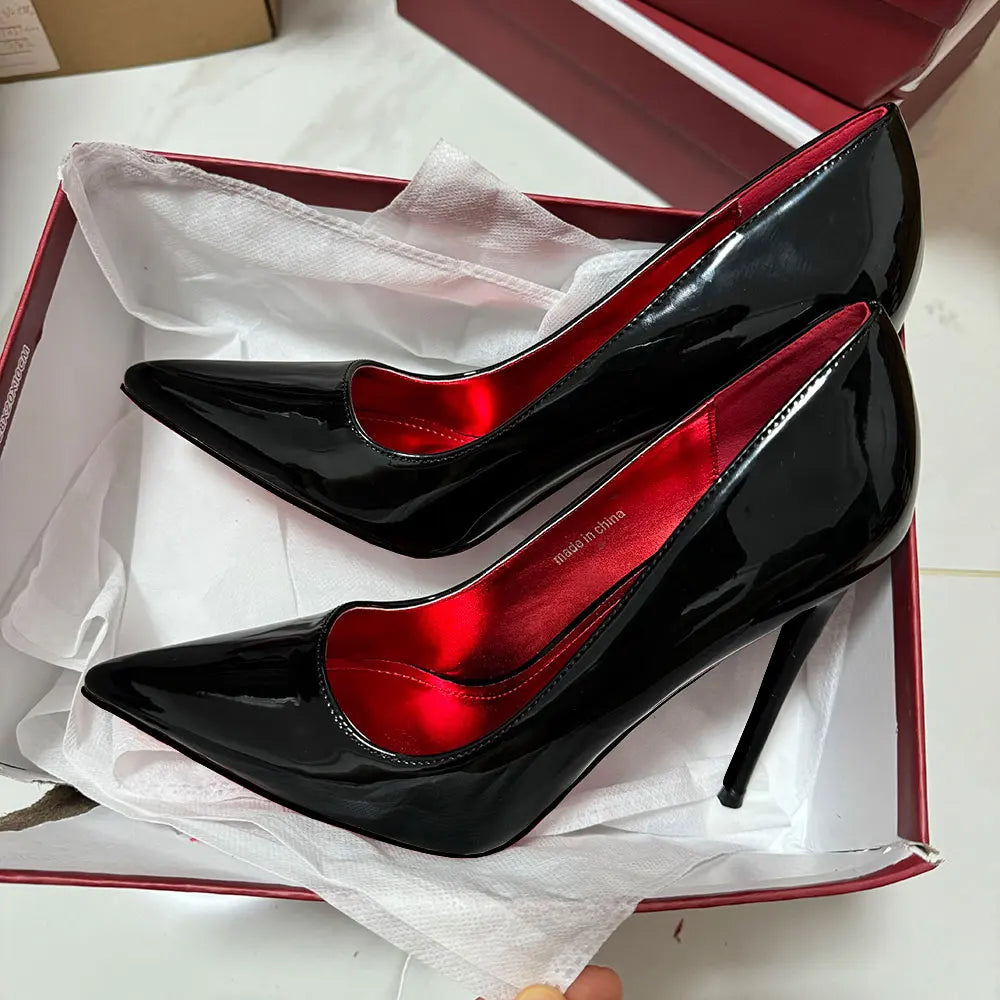 Newly 12cm Women Sexy Glossy Black Patent Pumps Shallow Stilettos Elegant Slip On High Heels Pointed Toe Party Woman Dress Shoes heels_stiletto
