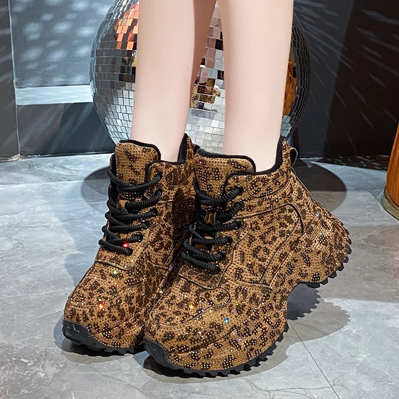 7CM Winter Women Shiny Rhinestones Shoes Casual Plush High Top Sneakers Women Stylish Sport Shoes Lace-Up Platform Luxury  sneakers_platform