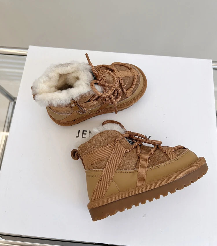 2025 New Winter Children Snow Boots Genuine Leather Warm Plush Toddler Boys Shoes Non-slip Fashion Baby Girls Boots 1-6 Years