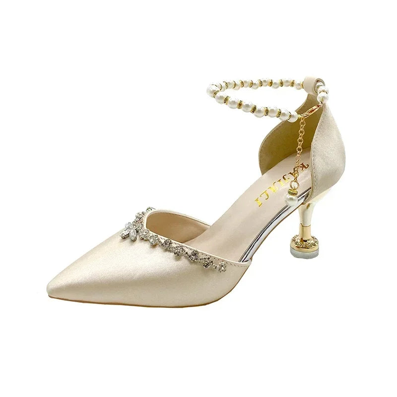 Pointed Toe Baotou Sandals Women's 2025 New Stiletto Hollow Single Shoes Versatile Pearl Strap Women's Shoes heels_bridal