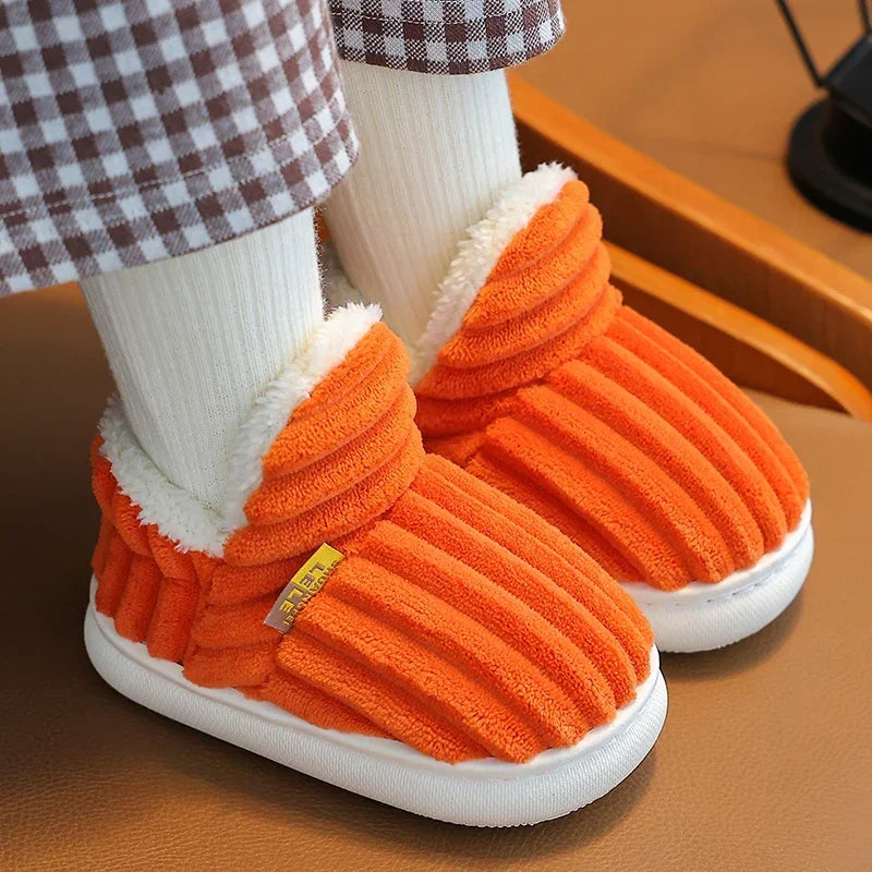 New Winter Concise Stripe Plush Slippers Children's Non-slip Soft Sole Kids Boys Girls Heel Wrap Warm High Home Cotton Shoes kids_shoes