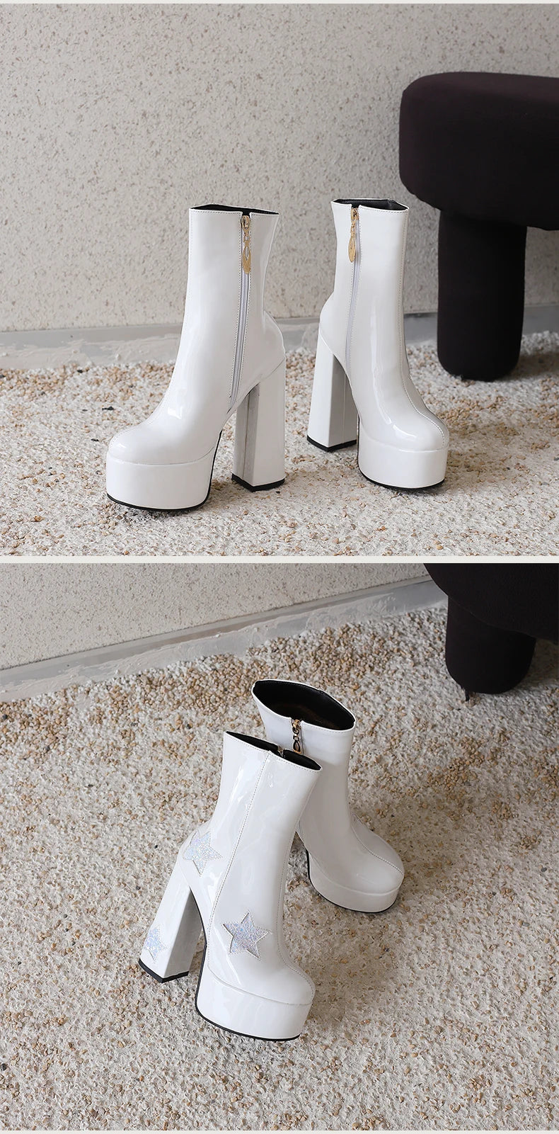 Plus Size Shiny Patent Leather Inlaid With Five-Star Sequin Cloth Super High Platform Women's Short Boots Side Zipper Sweet Boot boots_platform