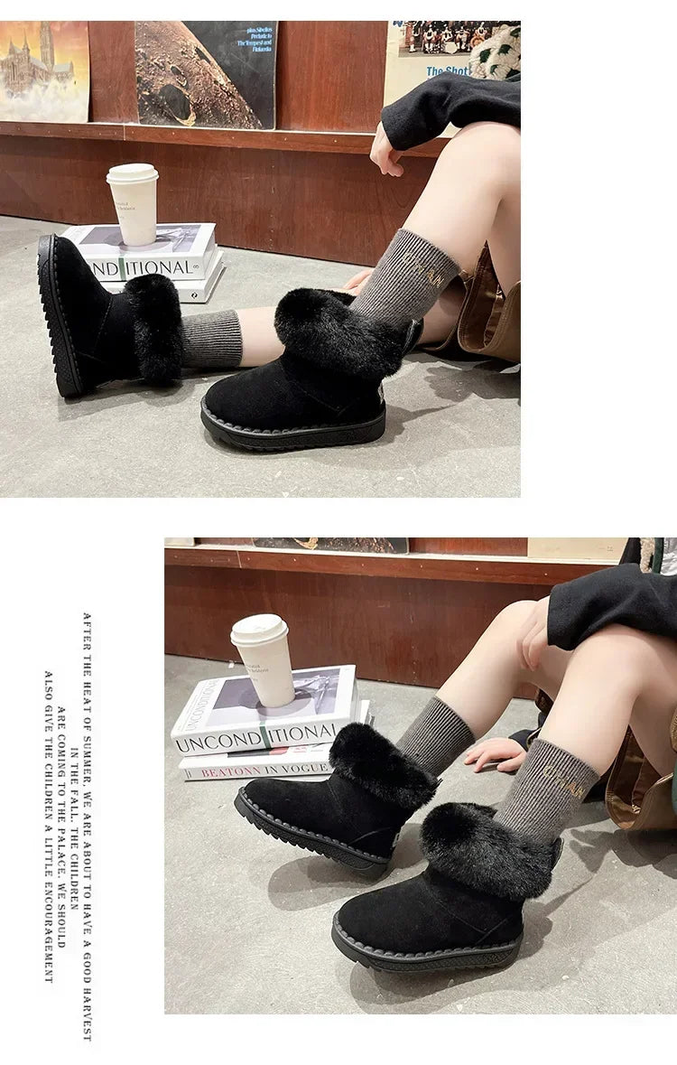 Kids Genuine Cowhide Snow Boots Winter Baby Soft Warm Cotton Shoes with Plush Boys Girls One Fur Suede Boots Princess Retro Boot kids_shoes