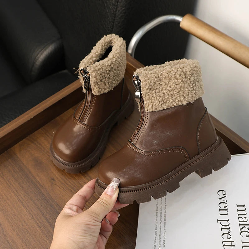 Winter Children's Ankle Boots Warm Simple Toddler Girls Causal Cotton Boots Thick Bottom Trend Kids Fashion Leather Boots Zipper kids_shoes