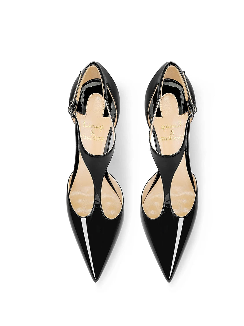 New pointed shallow mouth patent leather T-shaped buckle strap single shoe with feminine temperament, slim heel high heels heels_stiletto