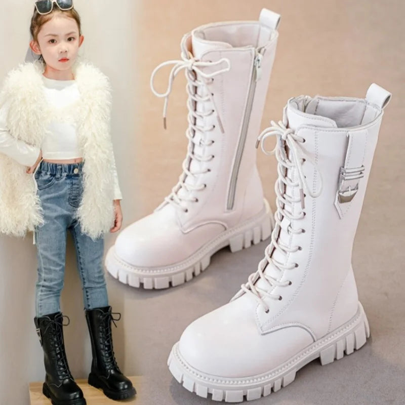 Elegant Zipper Baby Girl Casual Fashion Boots Autumn/winter Round Toe Warm Thick Sole Lace Comfortable Children's Midsole Boots kids_shoes