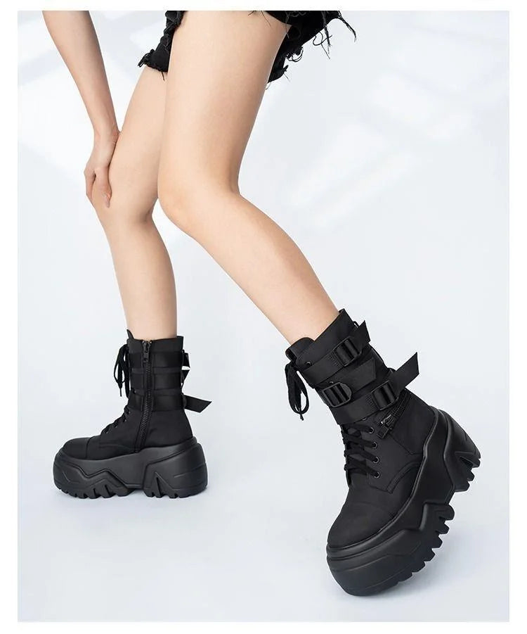 Women Ankle Booties Autumn Leather Chunky Shoes Woman High Platform Breathable Sneakers 9CM Thick Sole Wedges Motorcycles boots_platform