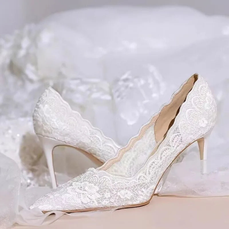 White Wedding Shoes Bridal Shoes Design Sense Niche Lace Pointed Stiletto Heel Shallow French High Heels Female Temperament heels_stiletto