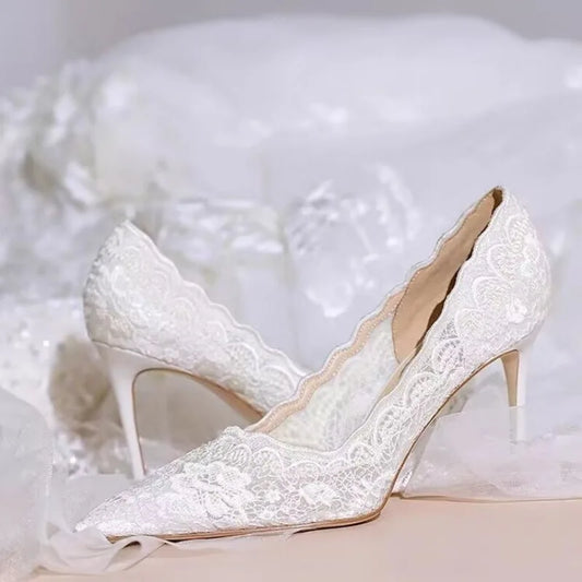 White Wedding Shoes Bridal Shoes Design Sense Niche Lace Pointed Stiletto Heel Shallow French High Heels Female Temperament heels_stiletto
