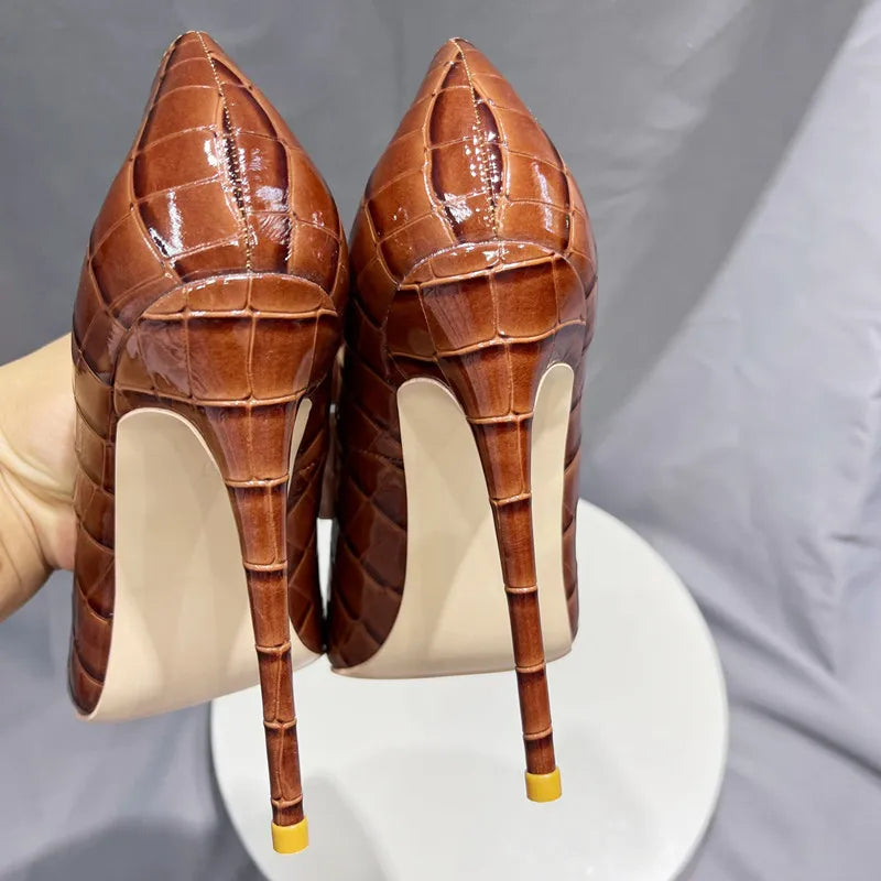 Tikicup Brown Crocodile Effect Women Sexy Pointy Toe High Heel Shoes Plus Size 33-46 Slip On Stiletto Pumps for Evening Dress heels_stiletto