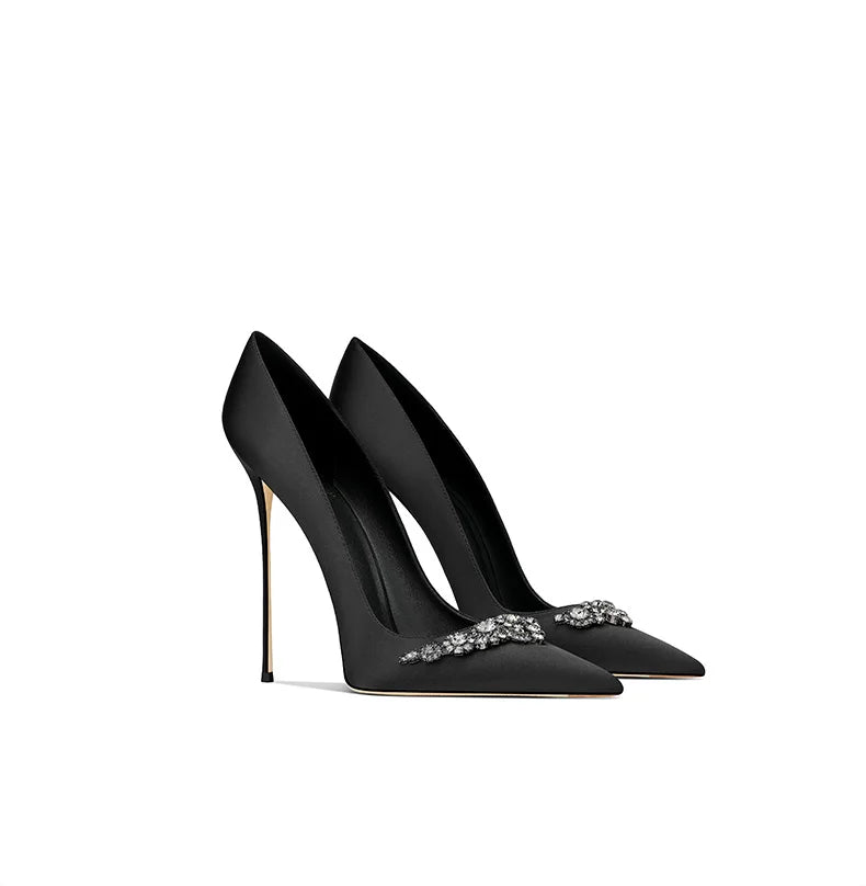2025 Black Silk High-end Temperament Pointed Head Stiletto High Heels Women heels_stiletto
