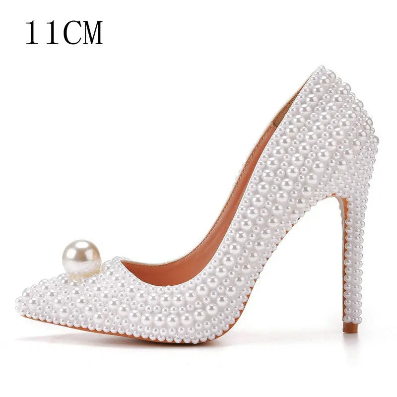 11cm Pearl Wedding Shoes Thin Heel Pointed Single Shoe Large Size Women's Shoes Bride Shoes Dinner Women's Pumps heels_bridal