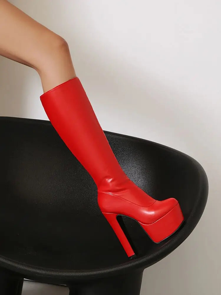 Black Red White Women Knee High Boots Platform Thick High Heel Ladies Calf Boots PU Leather Square Toe Side Zipper Dress Shoes boots_platform