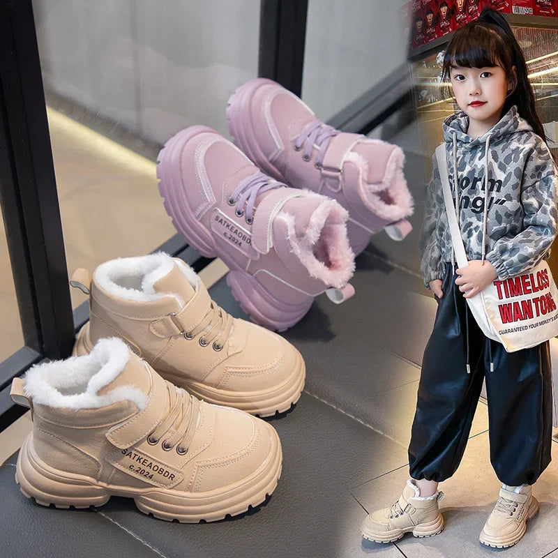 Boys Girls Sports Boots with Fur 2024 New Fashion Kids Ankle Boots Warm for Winter Sweet Students Short Boots Non-slip Soft Sole kids_shoes