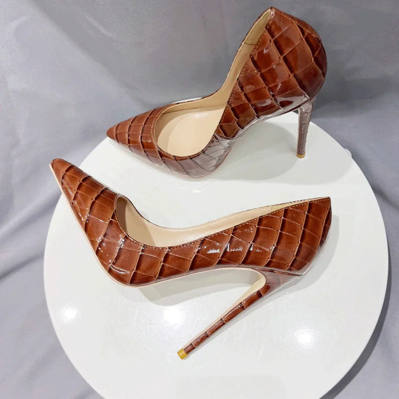 Tikicup Brown Crocodile Effect Women Sexy Pointy Toe High Heel Shoes Plus Size 33-46 Slip On Stiletto Pumps for Evening Dress heels_stiletto