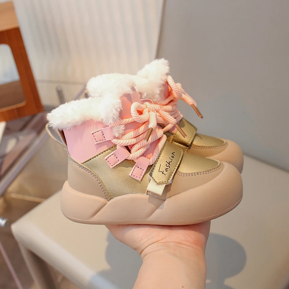 Winter Plush Snow Boots For Children PU Leather Waterproof Cotton Shoes Trend Fashion Teenager Kid's Velvet Boots Winter Shoes