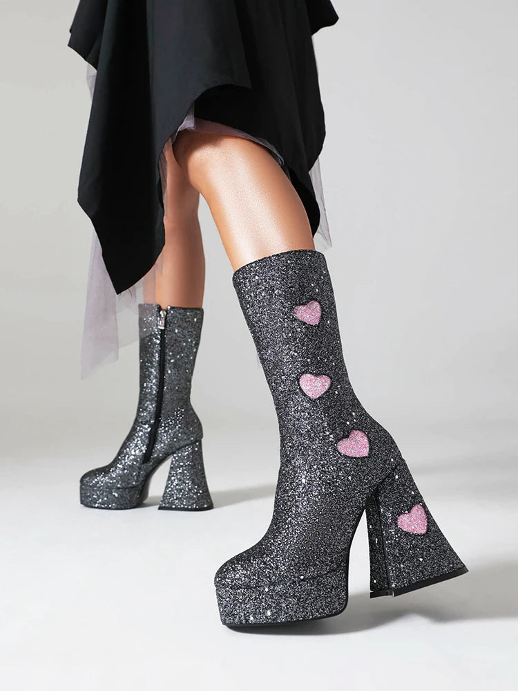 Heart Shaped Sequin Fabric Material Color Block Women's Mid Boots Platform High Shaped Conical Heel Thick Plush Lining Boots boots_platform