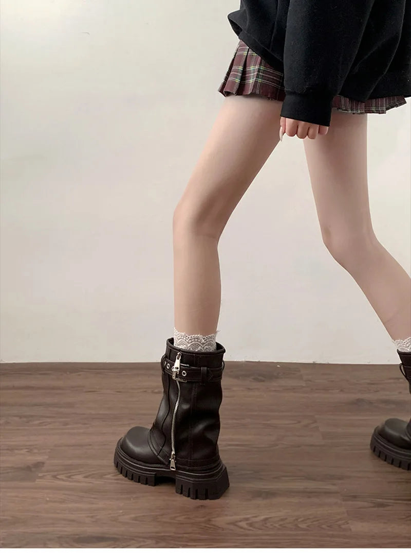 Winter Women Biker Boots Fashion Belt Buckle Ladies Elegant Platform Flats Short Booties Casual Women's Knight Booties boots_platform