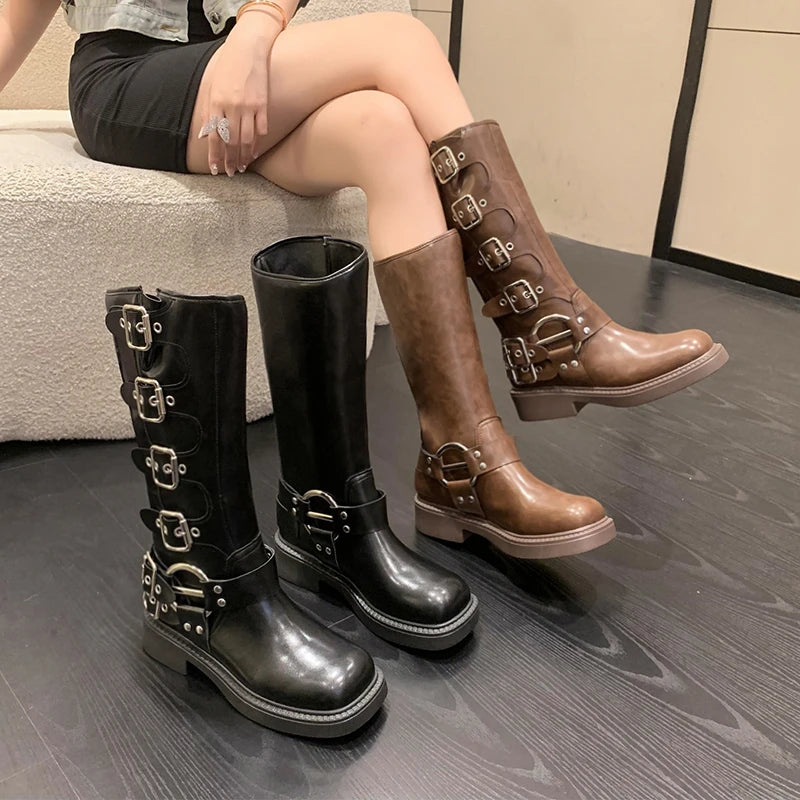 Woman Boots Knee High Platform Elegant Low Heel Trend Punk Gothic New Rock Leather Fashion Women's Shoes Motorcycle Footwear boots_platform