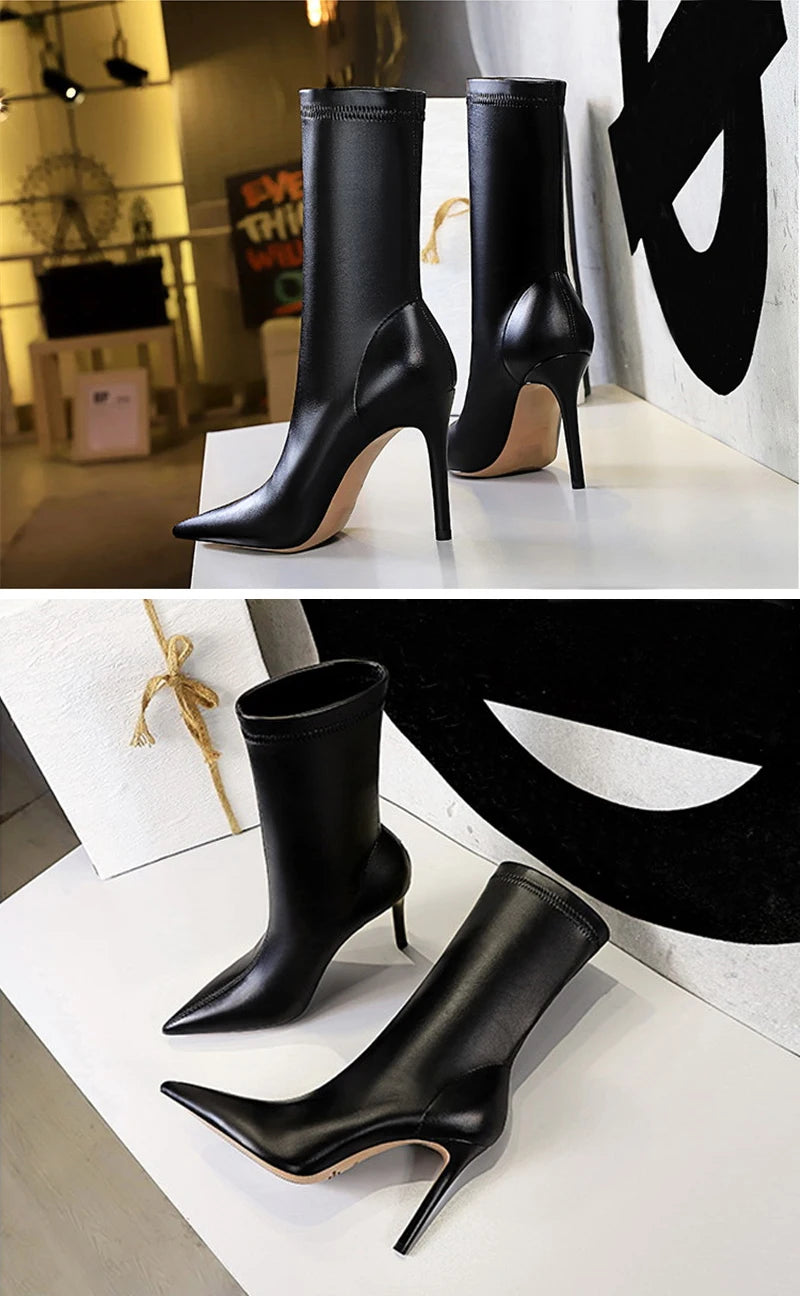 Eilyken Fashion Winter High Quality Soft PU Leather Socks Women Ankle Boots Street Style Pointed Toe Thin Heels Ladies Botines boots_highheel