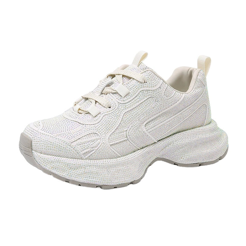 Women Sneakers Spring Lace-Up High Heel Platform Lace Up Silver Crystal Casual Working Shoes Wearing night running shoes outside sneakers_platform