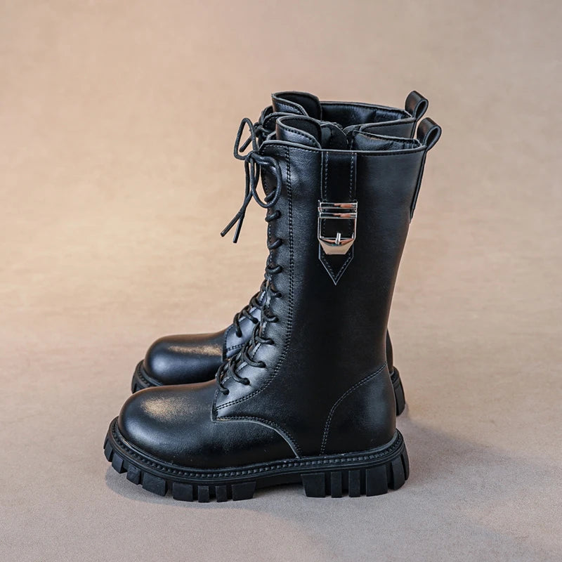 Elegant Zipper Baby Girl Casual Fashion Boots Autumn/winter Round Toe Warm Thick Sole Lace Comfortable Children's Midsole Boots kids_shoes