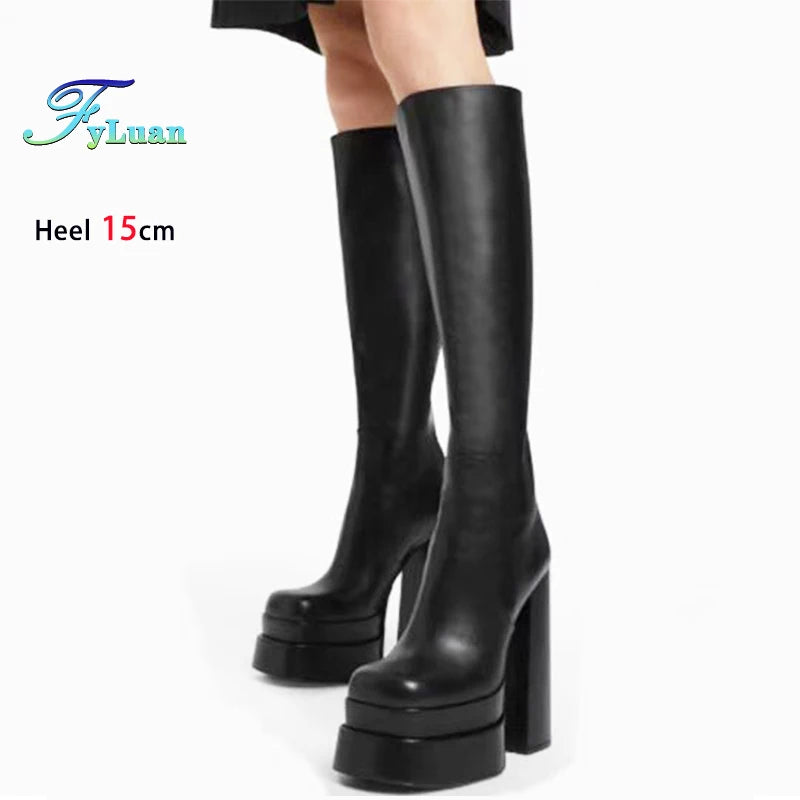 Size 35-46 Women Square Toe Knee-high Boots 15CM Back Zipper Black Chunky Platform Boots Europe and America New Goth Woman Shoes boots_platform