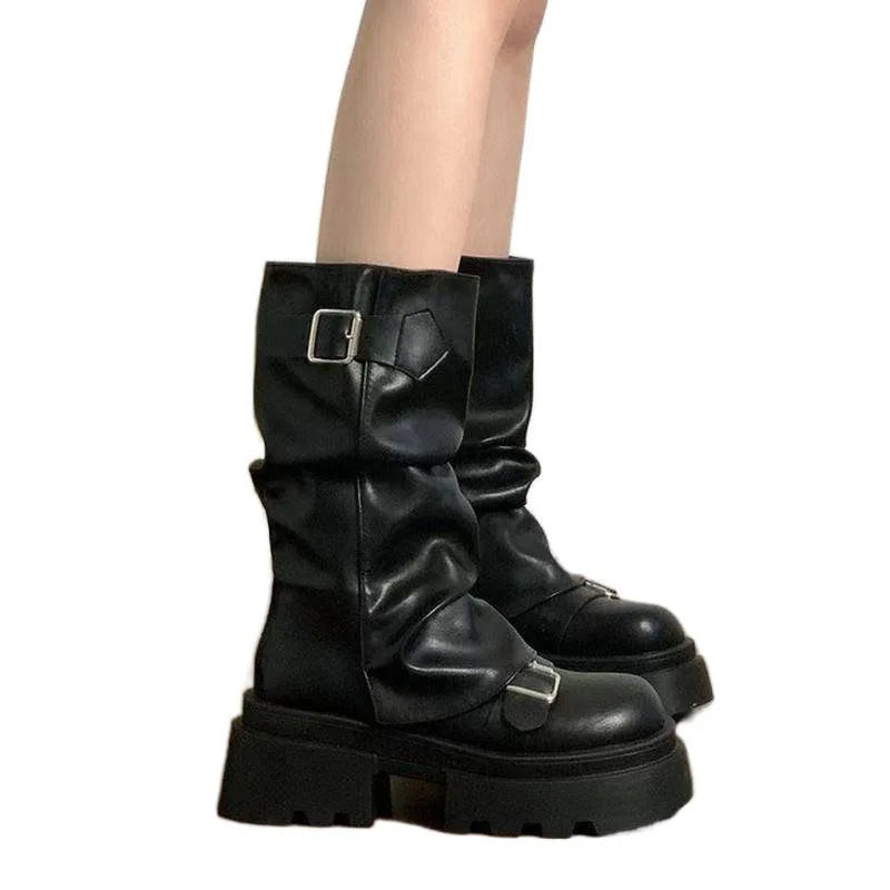 Shoes for Women  Mid-Calf Women's Boots Platform Modern Boots Women Belt Buckle Square Toe Side Zip Square Heel Shoes Female boots_platform