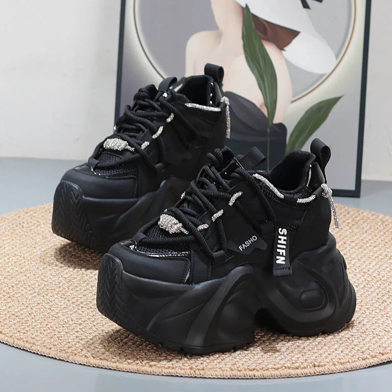 12CM Genuine Leather Flats Lace Up Fashion Women Spring Autumn Platform Wedge Flats Shoes Chunky Sneaker Vulcanize sneakers_platform