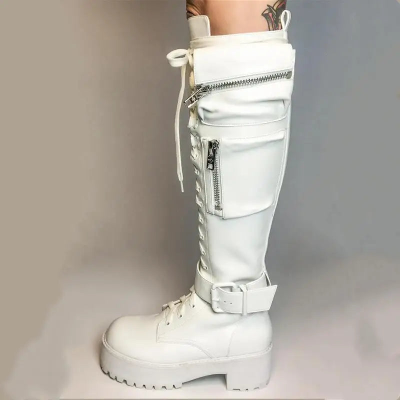 Knee High Boots Women Cool Goth Zipper Design Pocket Lace Up Chunky Heel High Quality Shoes Woman Fashion Popualr Big Size 35-43 boots_platform