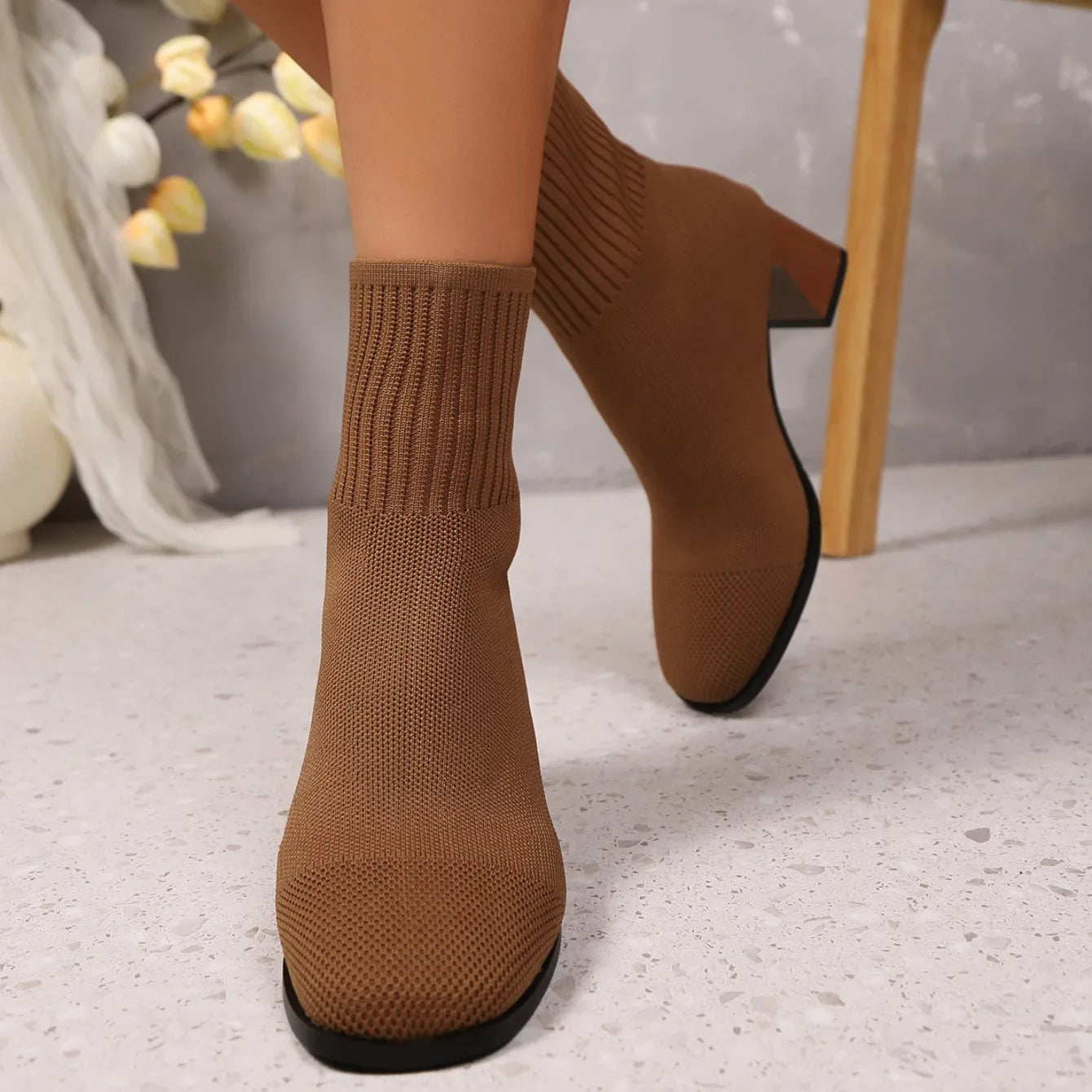 Women Boots Pointed Toe Slip on Mid-Calf Boots Spring Autumn Knitted Socks Boots Women High Heels Plus Size Fashion Shoes Women boots_highheel